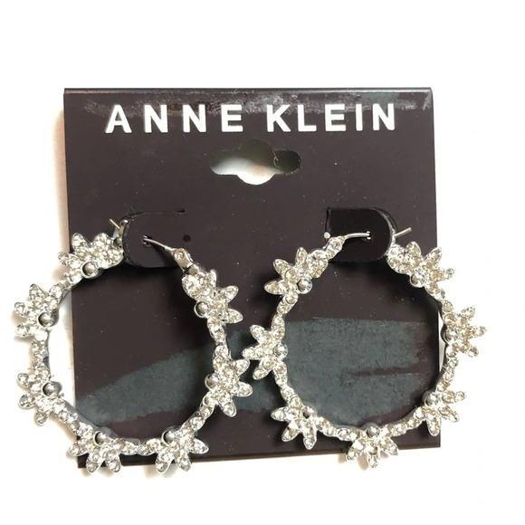 Anne Klein Pave Crystal Flower Silver Medium Hoop Earrings NWT - Picture 1 of 6